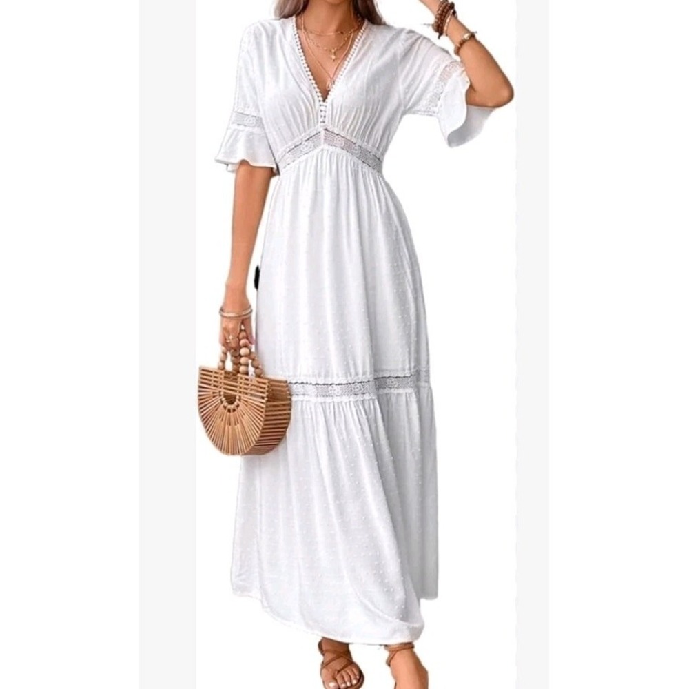 Long White Dress Deep V-Neck Lace Insert Flounce Sleeve Ruffle Hem A-Line Sz XL
